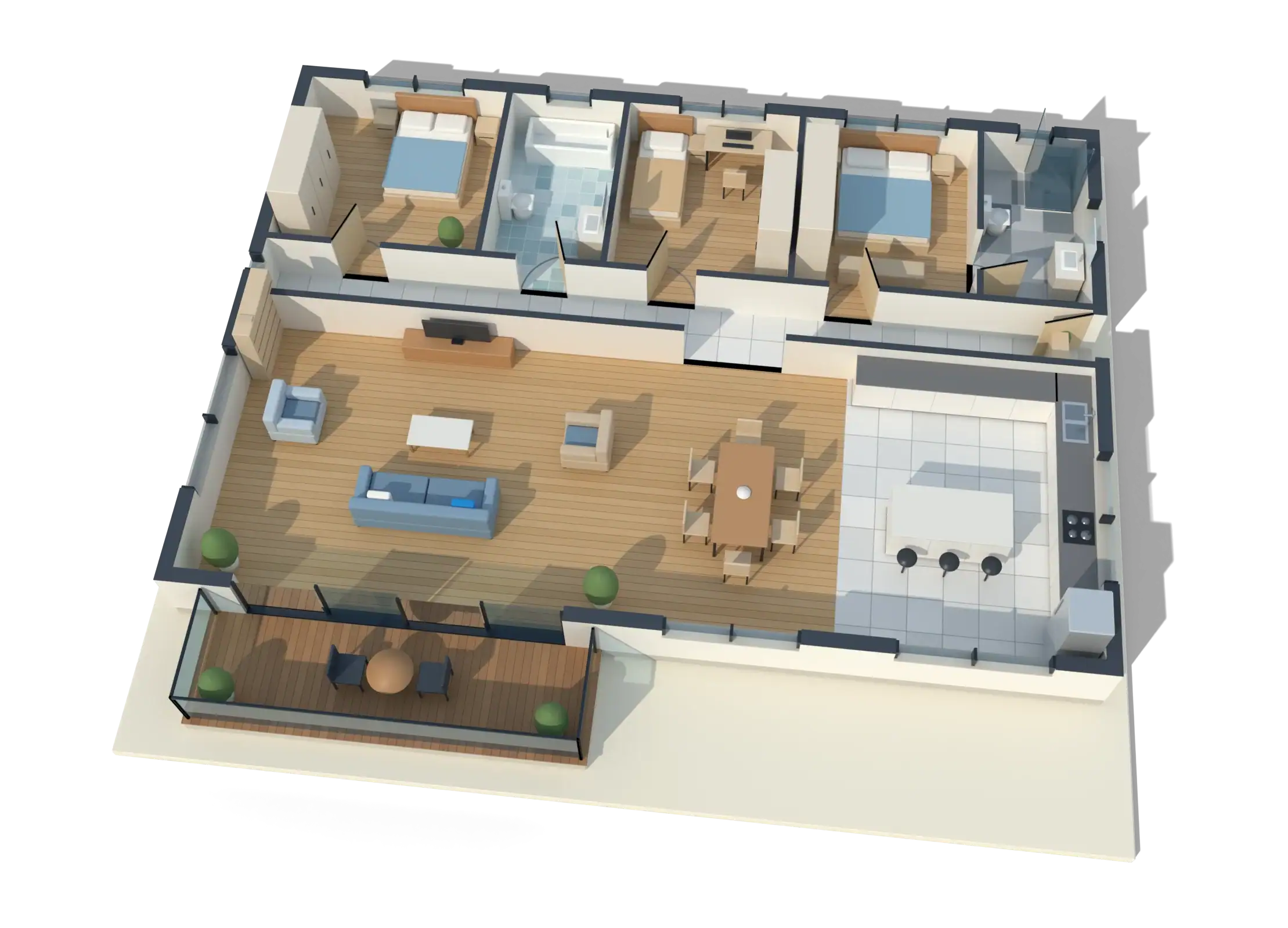 A 3D floor plan of a furnished three-bedroom apartment with living area, kitchen, two bathrooms and a balcony