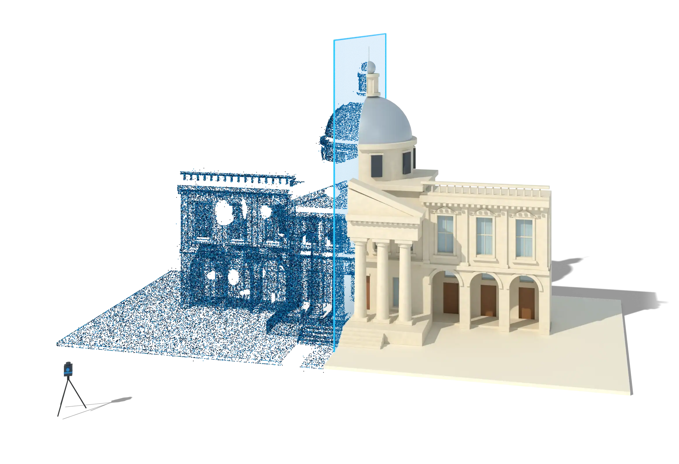 A classical domed heritage building shown half as a laser-scan point cloud and half as a clean 3D model, with a scanner on a tripod